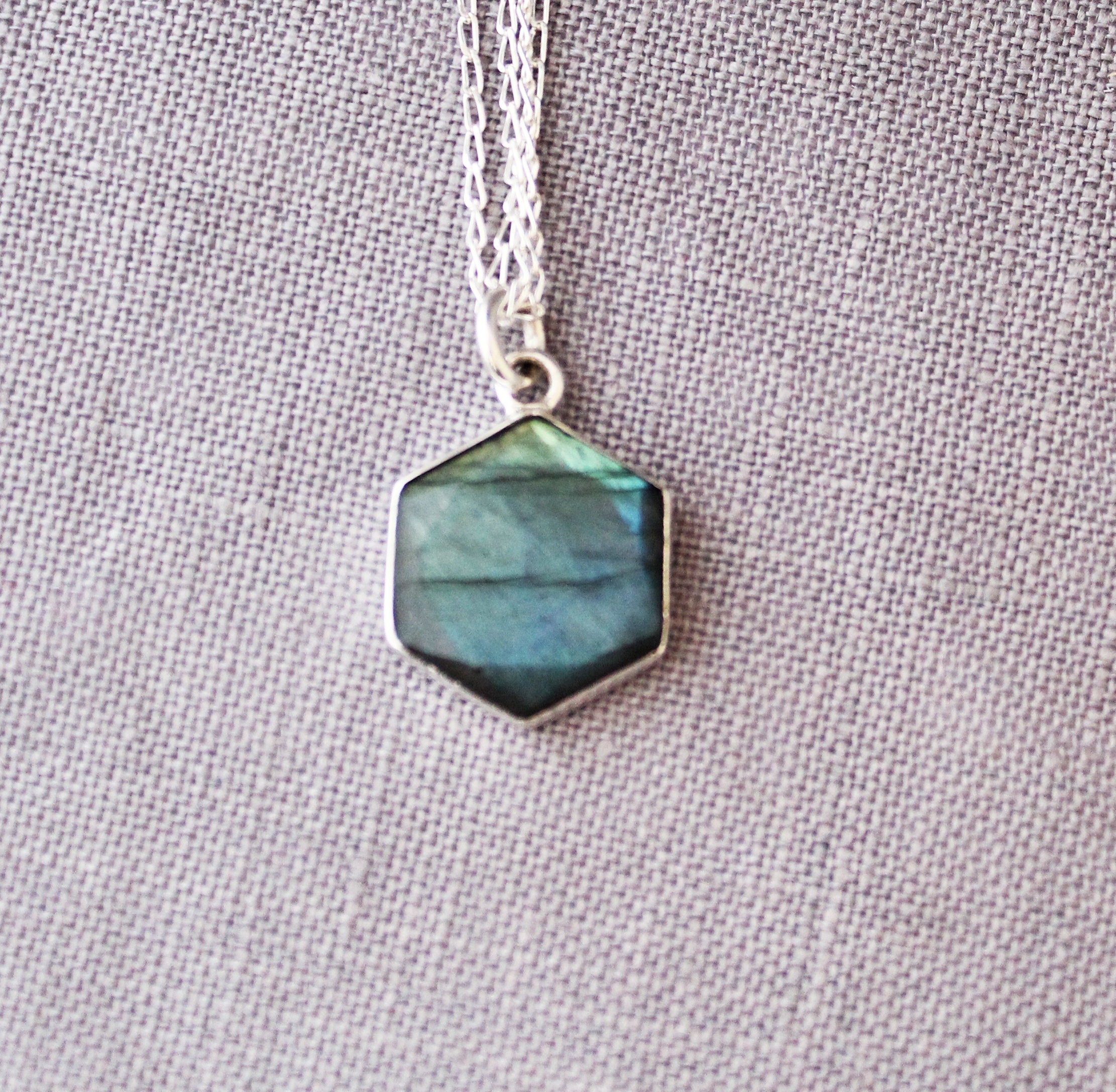 Labradorite Sterling Silver Necklace: Hexagon Gemstone Pendant