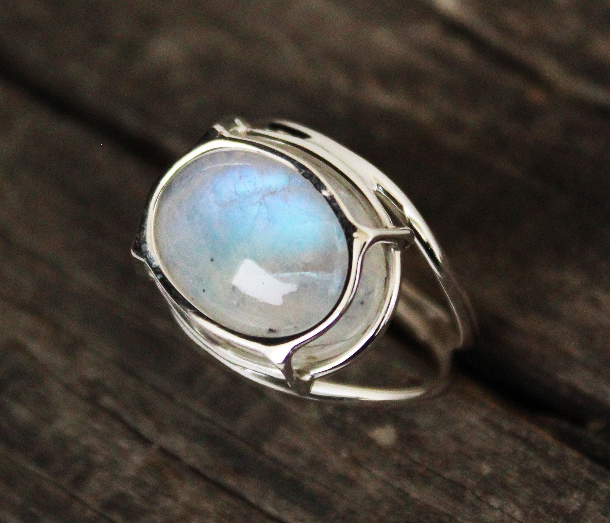 Rainbow Moonstone Ring, June Birthstone, 14K Gold Ring, Wire Ring, Blue Flash Ring, Modern Designer Ring, Anniversary Gift, Handmade