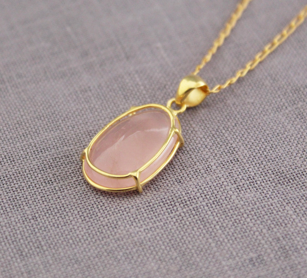 Rose Quartz Necklace: Sterling Silver, 18K Gold Plated, Gemstone Pendant