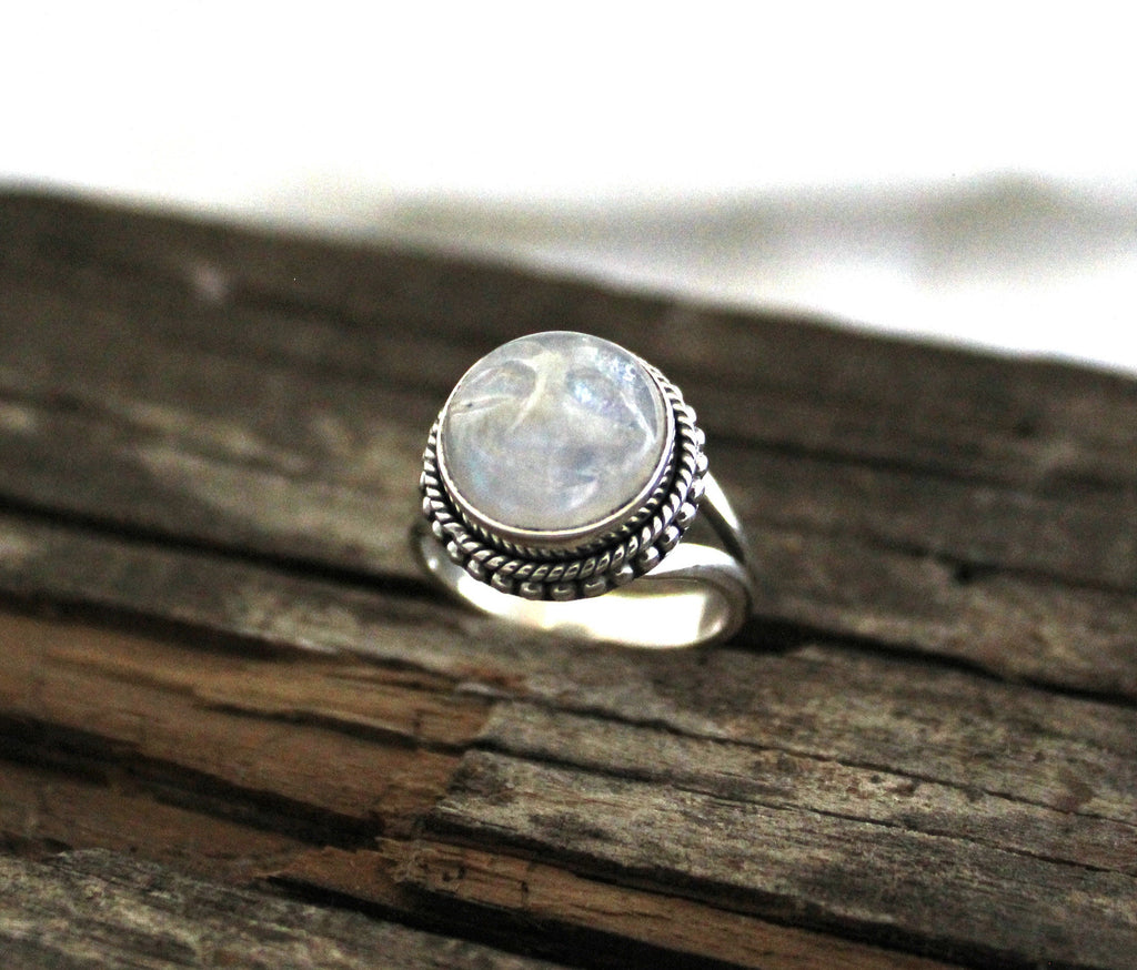 Rainbow Moonstone Ring, Handcrafted Sterling Silver Crescent Moon Face, Wedding Jewelry, Rainbow Ring