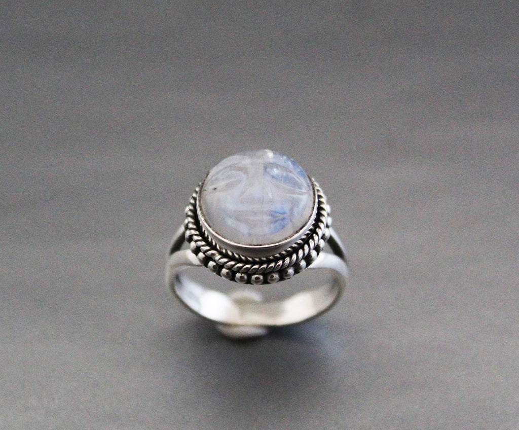 Rainbow Moonstone Ring, Handcrafted Sterling Silver Crescent Moon Face, Wedding Jewelry, Rainbow Ring