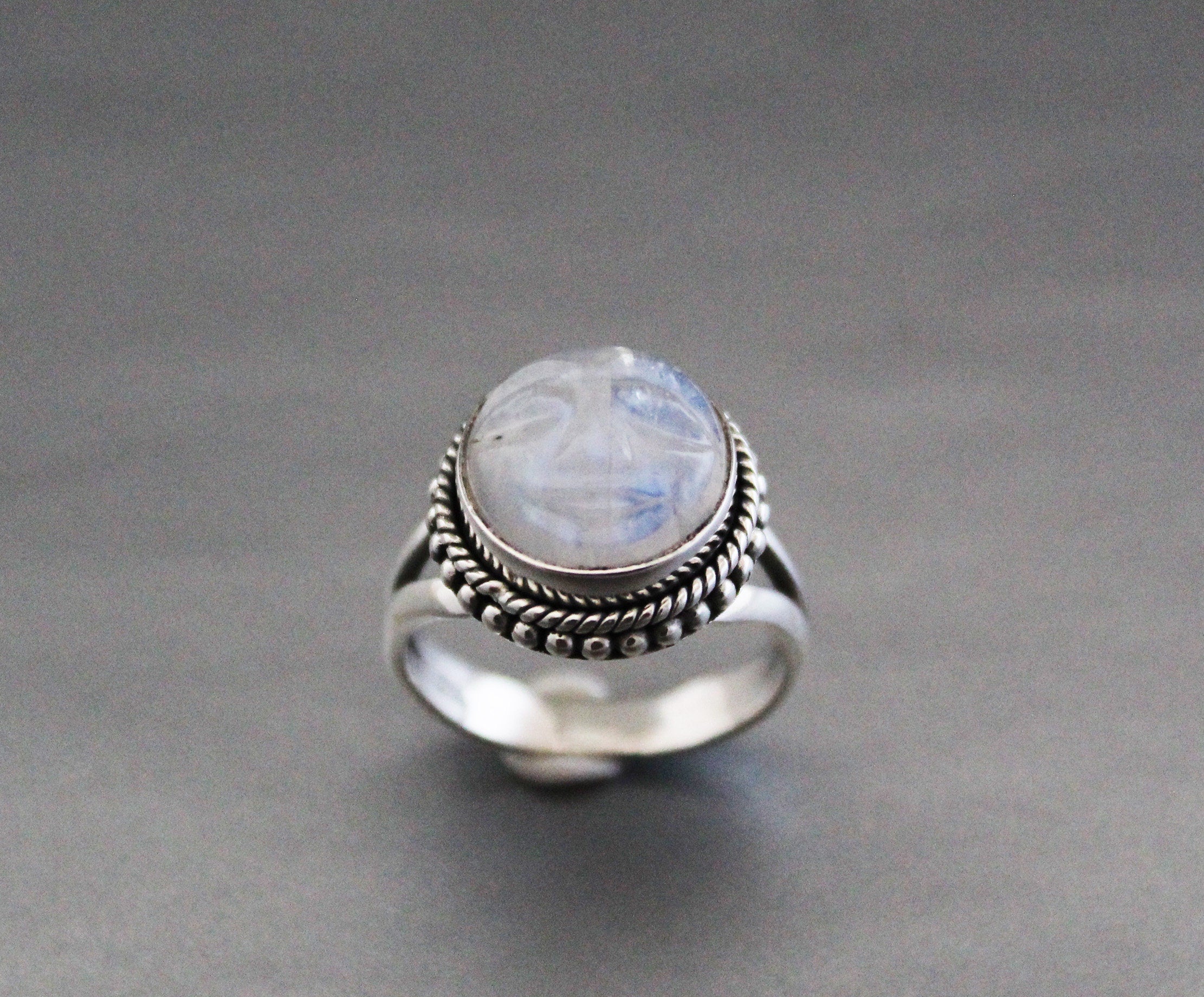 Rainbow Moonstone Ring, Handcrafted Sterling Silver Crescent Moon Face, Wedding Jewelry, Rainbow Ring
