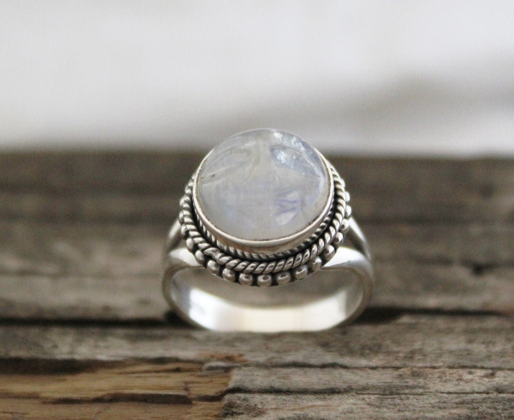 Rainbow Moonstone Ring, Handcrafted Sterling Silver Crescent Moon Face, Wedding Jewelry, Rainbow Ring