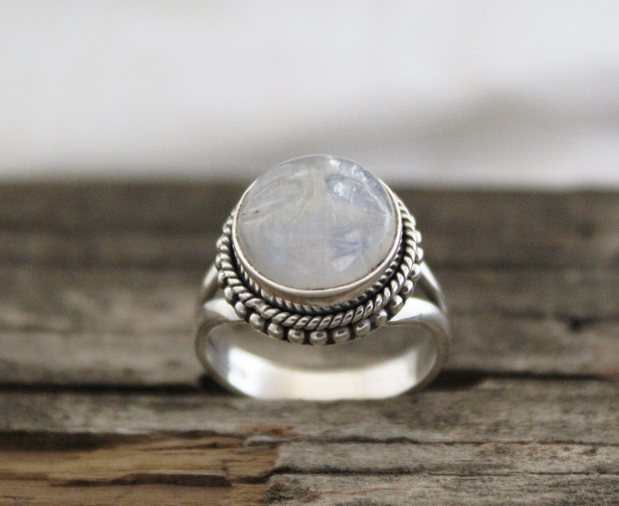 Rainbow Moonstone Ring, Handcrafted Sterling Silver Crescent Moon Face, Wedding Jewelry, Rainbow Ring