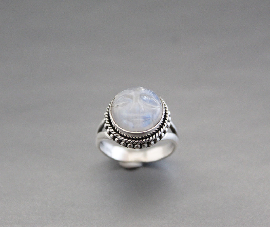 Rainbow Moonstone Ring, Handcrafted Sterling Silver Crescent Moon Face, Wedding Jewelry, Rainbow Ring