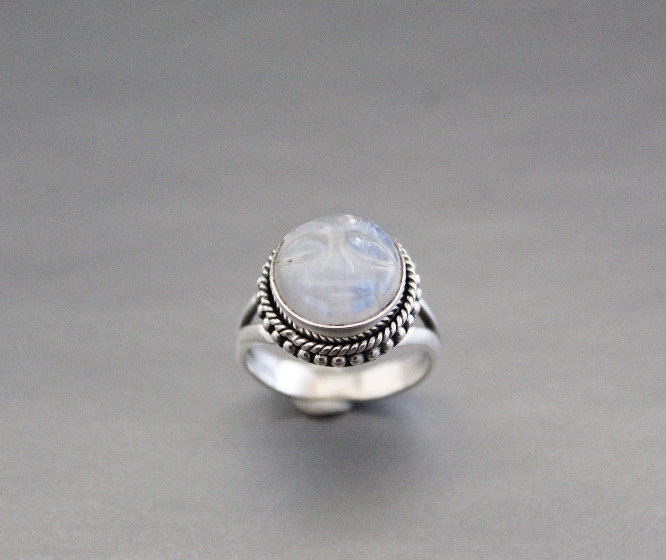Rainbow Moonstone Ring, Handcrafted Sterling Silver Crescent Moon Face, Wedding Jewelry, Rainbow Ring