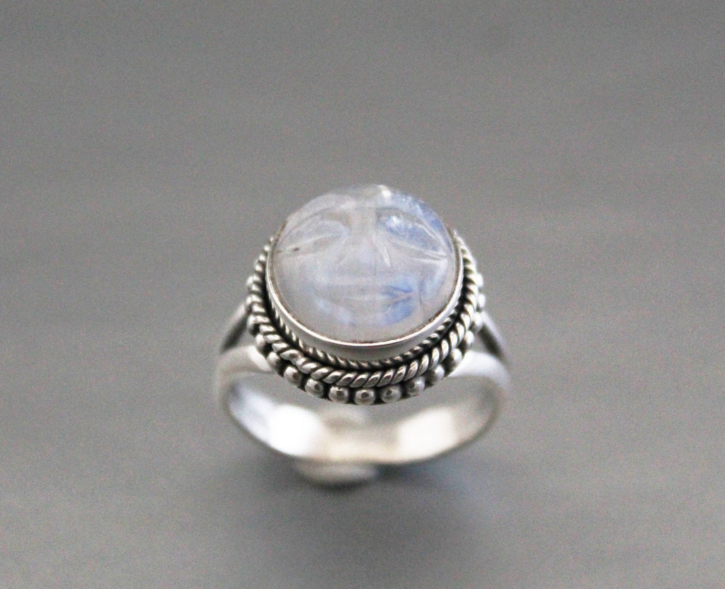 Rainbow Moonstone Ring, Handcrafted Sterling Silver Crescent Moon Face, Wedding Jewelry, Rainbow Ring