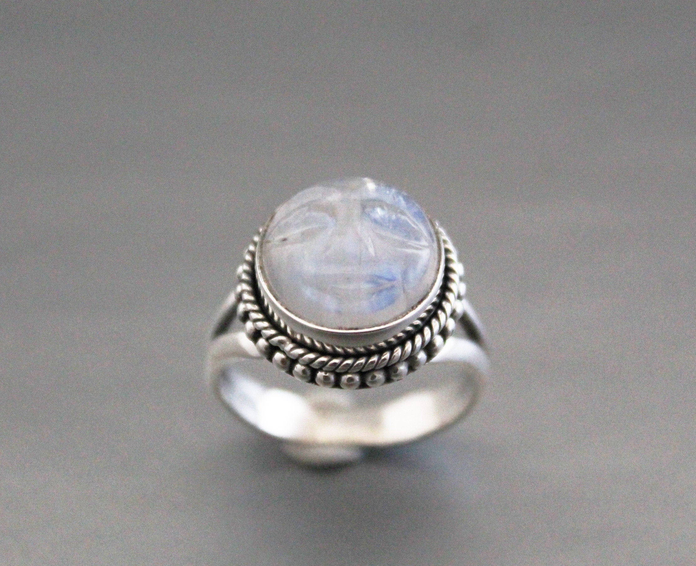 Rainbow Moonstone Ring, Handcrafted Sterling Silver Crescent Moon Face, Wedding Jewelry, Rainbow Ring