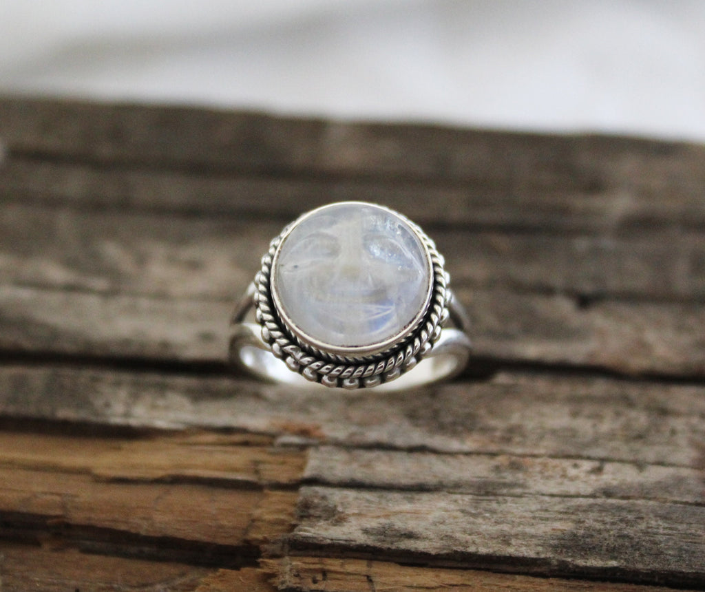 Rainbow Moonstone Ring, Handcrafted Sterling Silver Crescent Moon Face, Wedding Jewelry, Rainbow Ring