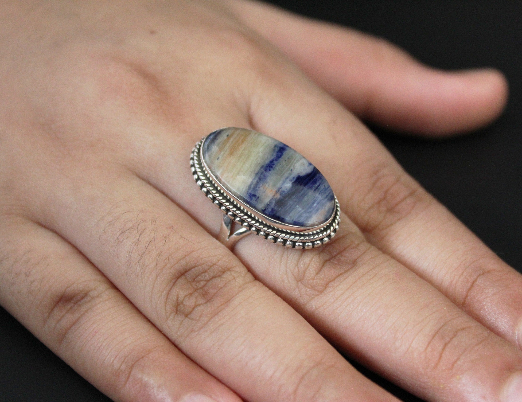 Blue Jasper Sterling Silver Ring, Handmade Bohemian Jewelry Oval Statement Jewelry, Birthstone Ring, Gift For Her, Christmas Gift