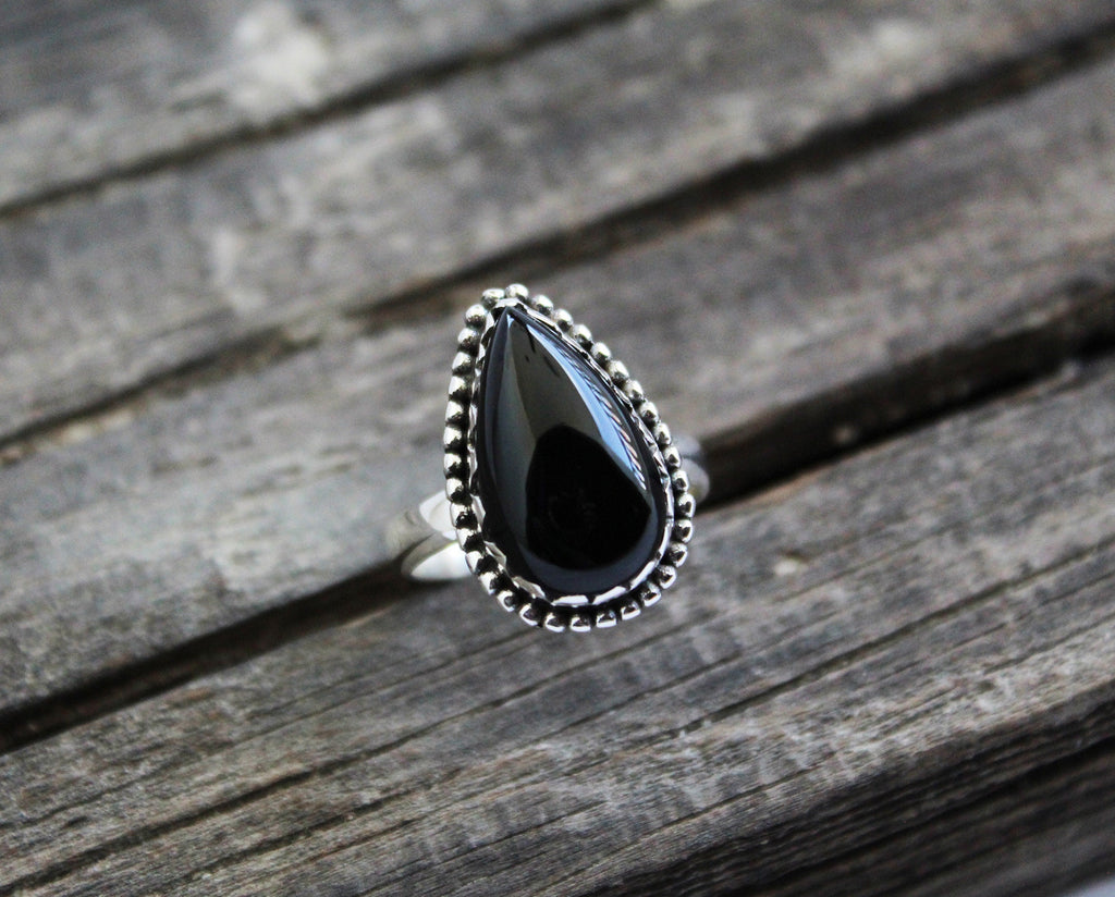 Black Onyx Teardrop Ring in Sterling Silver, Vintage Onyx Stone, Handmade Silver Black Onyx Ring, Retro Boho Jewelry Gift