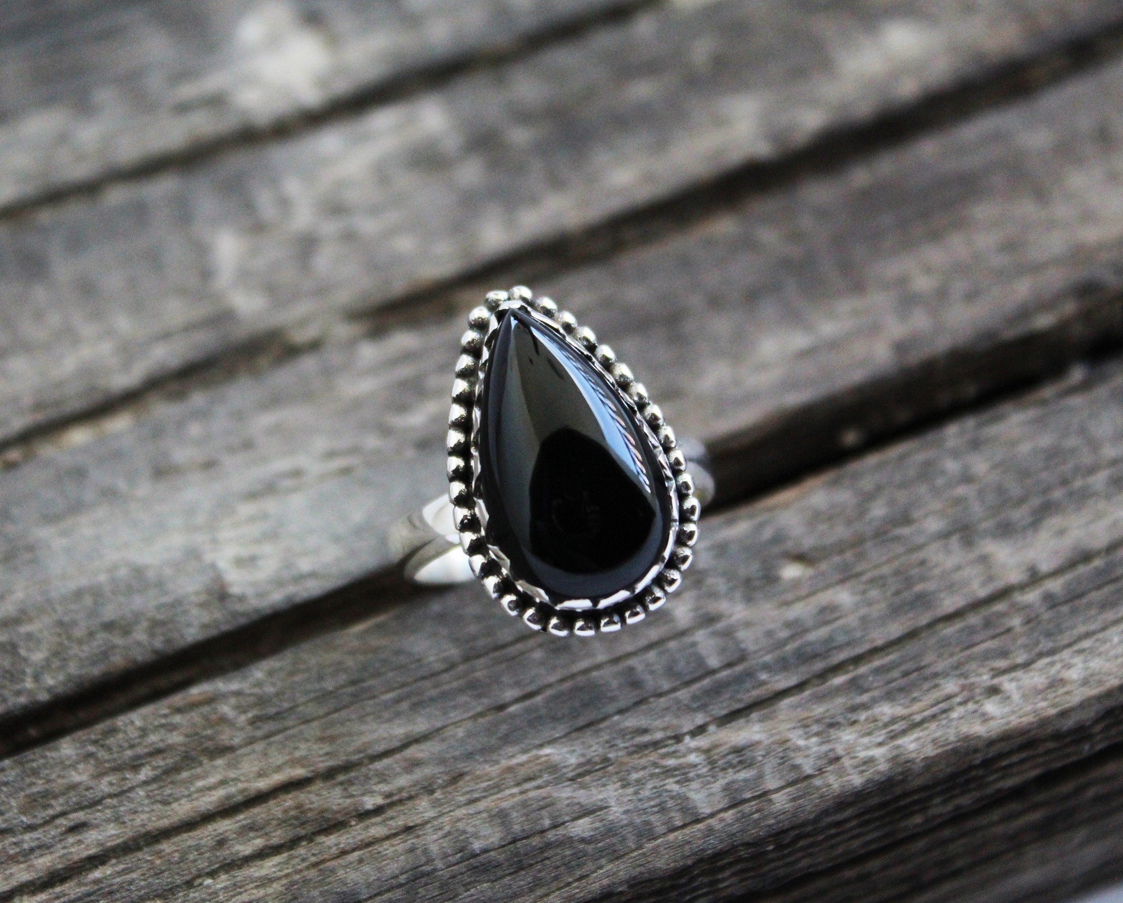 Black Onyx Teardrop Ring in Sterling Silver, Vintage Onyx Stone, Handmade Silver Black Onyx Ring, Retro Boho Jewelry Gift