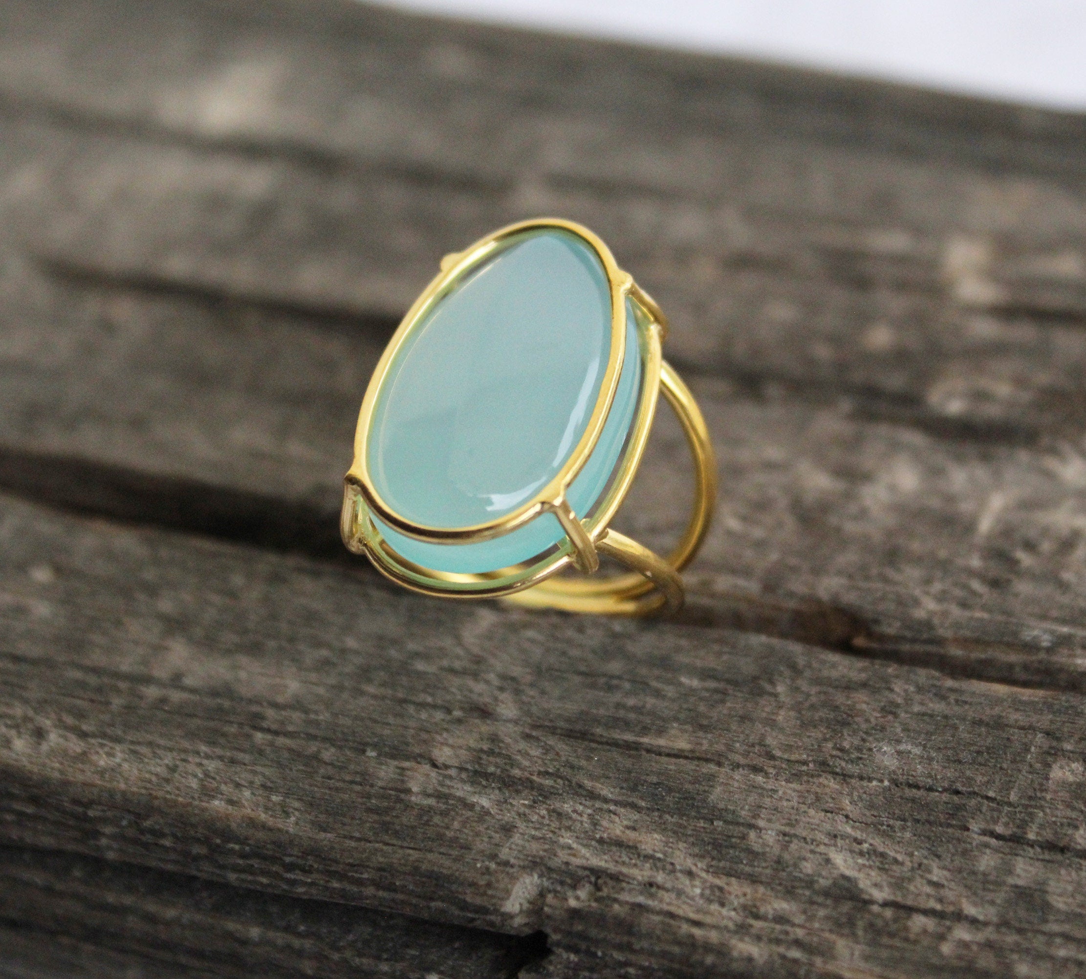 Aqua Chalcedony Sterling Silver Ring, Oval Gemstone, 18K Gold Filled 925 Sterling Silver Ring, Handmade Wedding Jewelry, Gift Ring