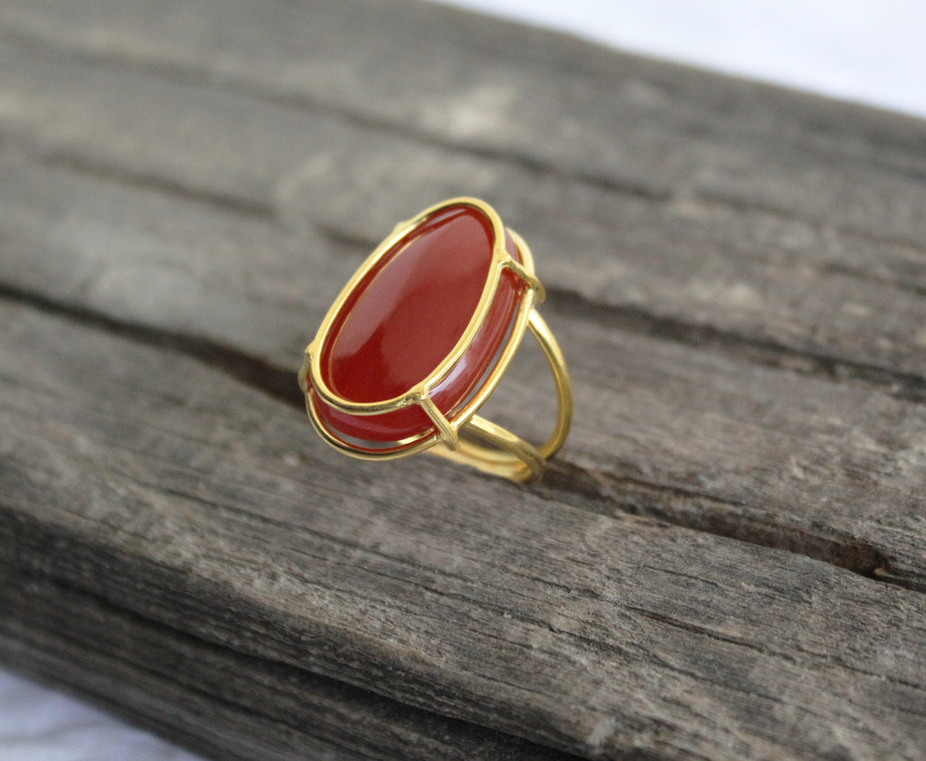 Carnelian Ring, Large Oval Cabochon, Gemstone Ring, 18k Gold Plated Ring, Statement Boho Ring, 925 Sterling Silver Ring