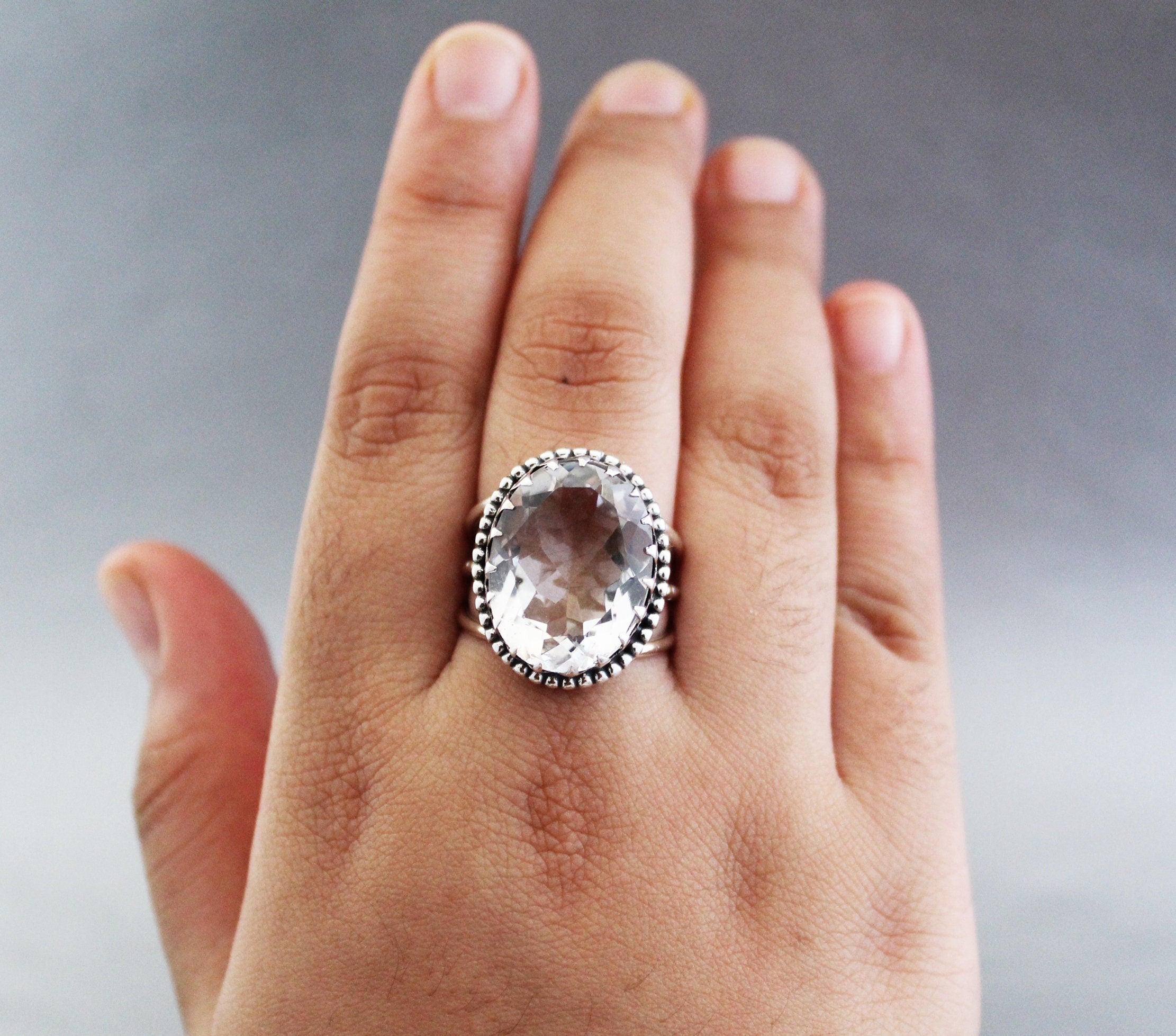Natural Crystal Ring, Clear Quartz Ring, Dainty silver Ring, Large Statement Ring, Gemstone, Handmade, Organic, Antique Victorian Jewelry