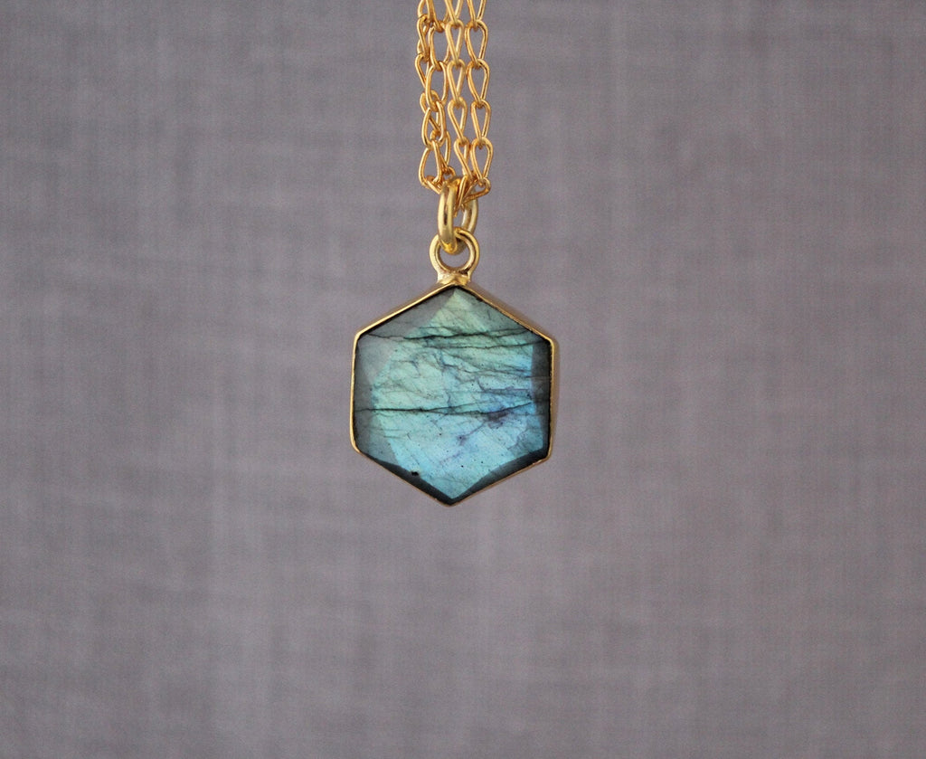 Labradorite Necklace, Hexagon Necklace, Crystal Necklace, Healing Energy Stone Moonstone, Gemstone Charm Necklace, Birthday Gift