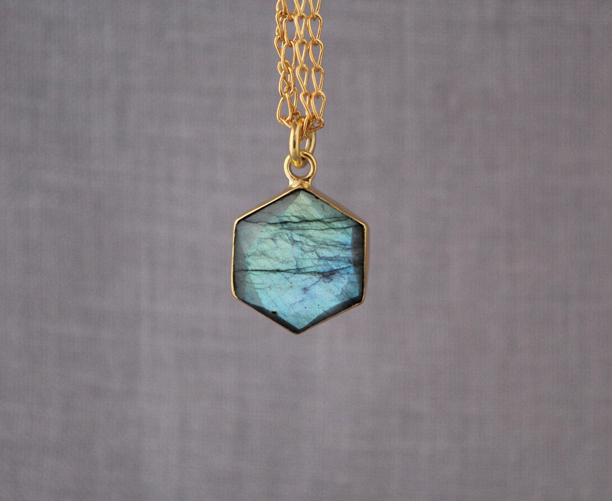 Labradorite Necklace, Hexagon Necklace, Crystal Necklace, Healing Energy Stone Moonstone, Gemstone Charm Necklace, Birthday Gift
