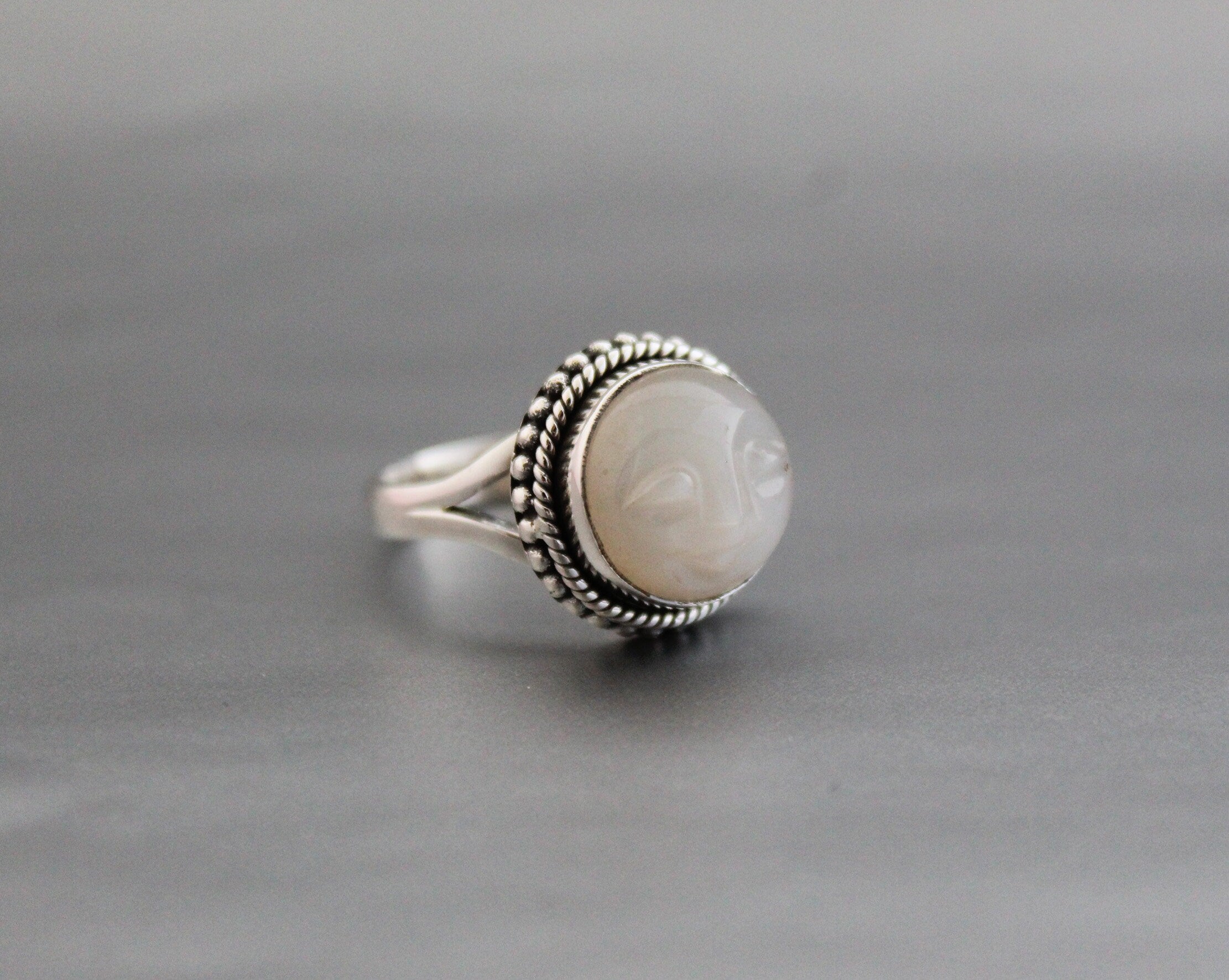 White Moonstone Carved Ring, Moon face carving, Celestial Jewelry, Sterling Silver Bohemian Jewelry, Moonstone Jewelry, Gift for Girlfriend