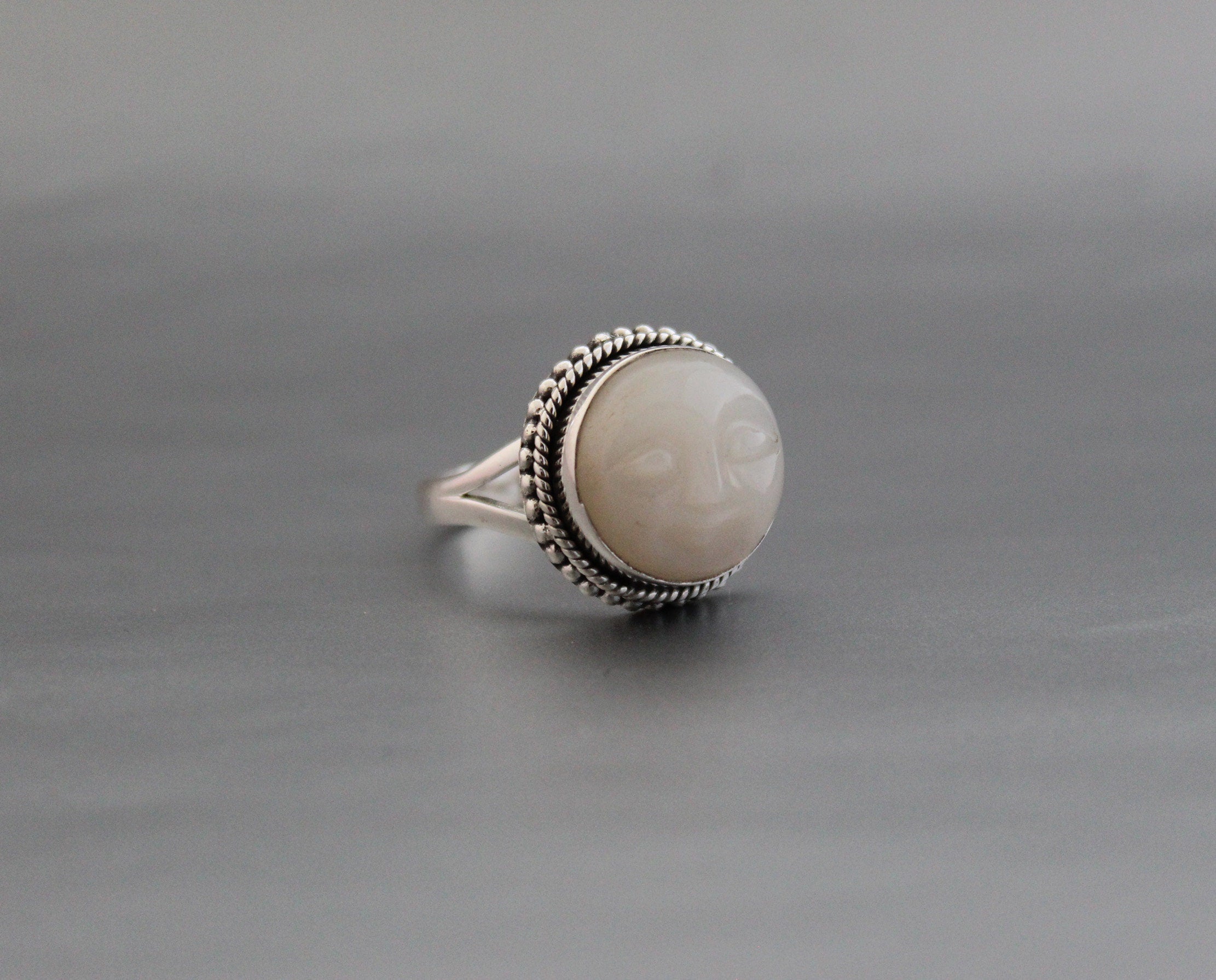 White Moonstone Carved Ring, Moon face carving, Celestial Jewelry, Sterling Silver Bohemian Jewelry, Moonstone Jewelry, Gift for Girlfriend