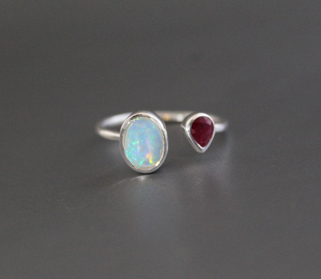 Handmade Sterling Silver Opal and Ruby Ring, Modern Birthstone Jewelry, Thin Silver ring, Minimalist ring, Opal Jewelry