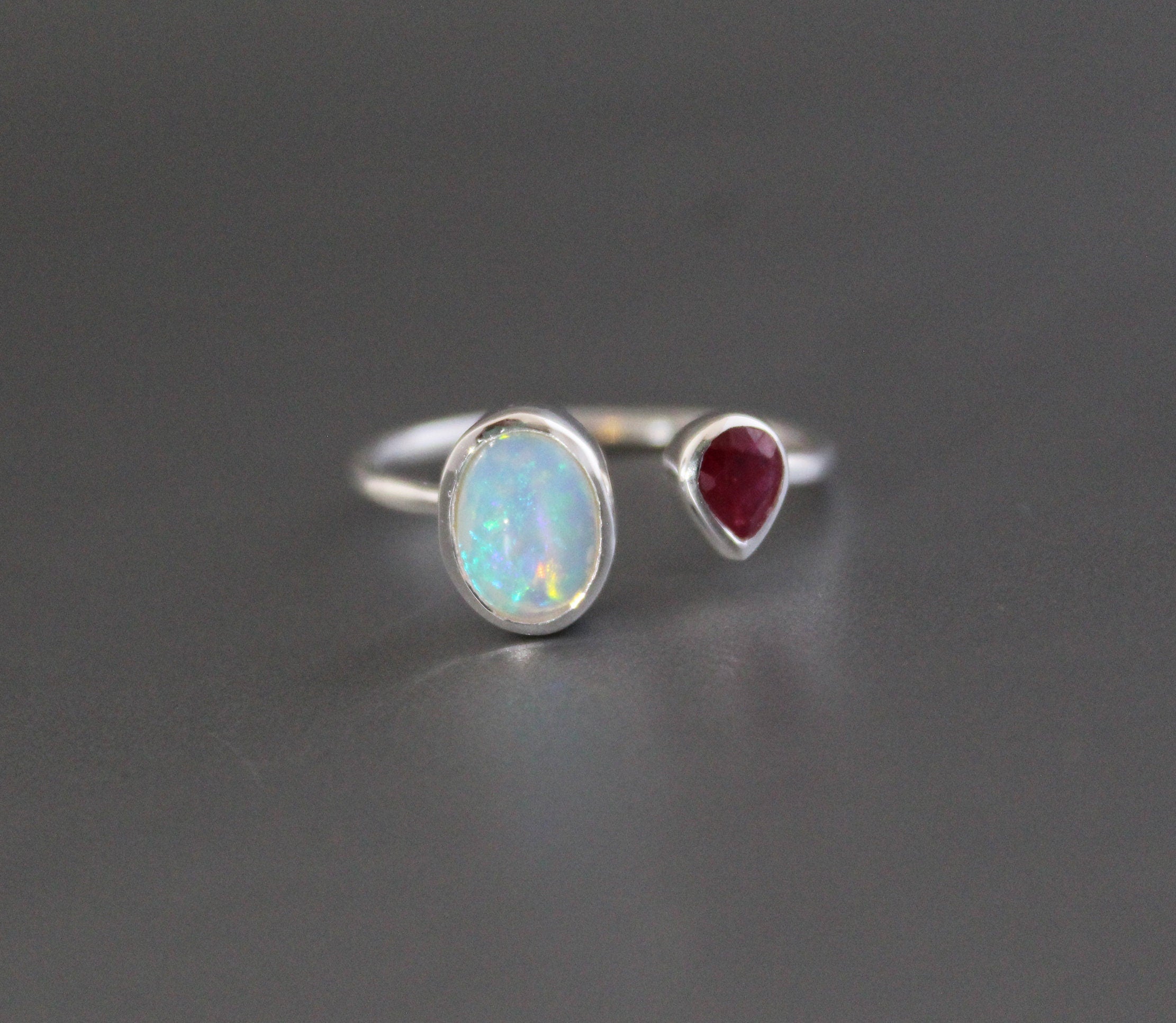 Handmade Sterling Silver Opal and Ruby Ring, Modern Birthstone Jewelry, Thin Silver ring, Minimalist ring, Opal Jewelry