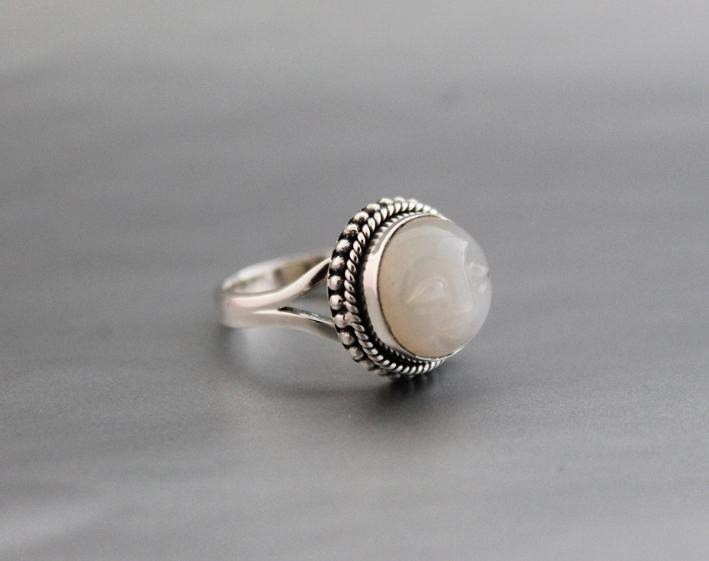 White Moonstone Carved Ring, Moon face carving, Celestial Jewelry, Sterling Silver Bohemian Jewelry, Moonstone Jewelry, Gift for Girlfriend