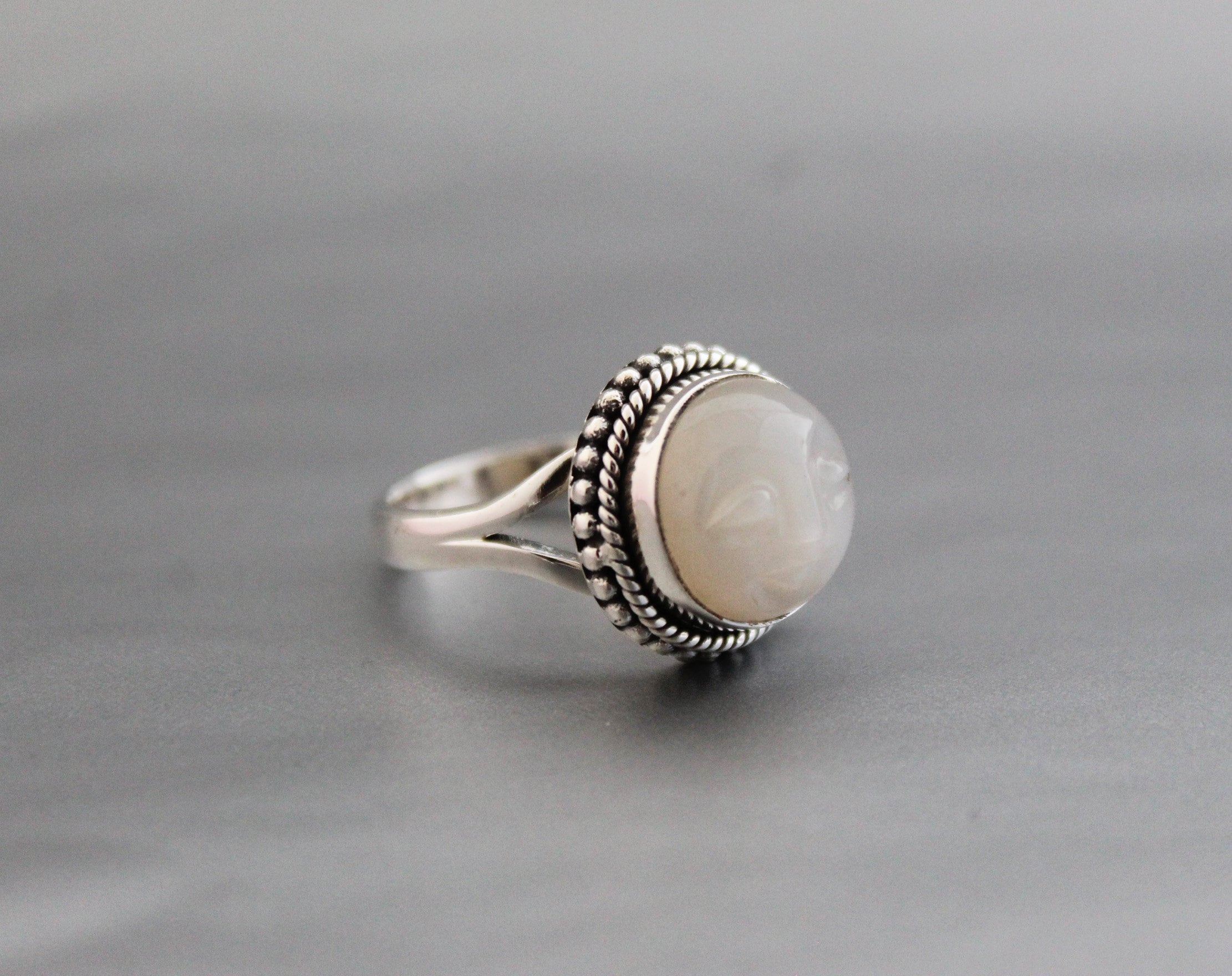 White Moonstone Carved Ring, Moon face carving, Celestial Jewelry, Sterling Silver Bohemian Jewelry, Moonstone Jewelry, Gift for Girlfriend