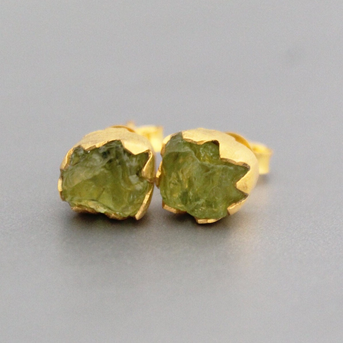Raw Peridot Stud Earrings, Gold Plated Sterling Silver, August Birthstone, gemstone jewelry, natural gemstone, post earring, stud earrings