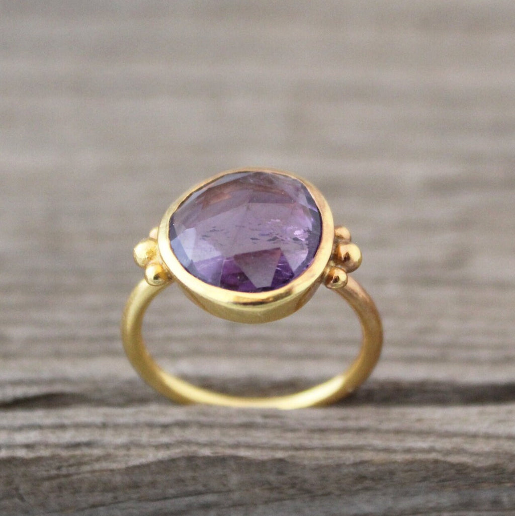 Amethyst Ring, February Birthstone, Dainty Sterling Silver Gold Ring, Unique Purple Amethyst Ring, Nature Inspired Ring