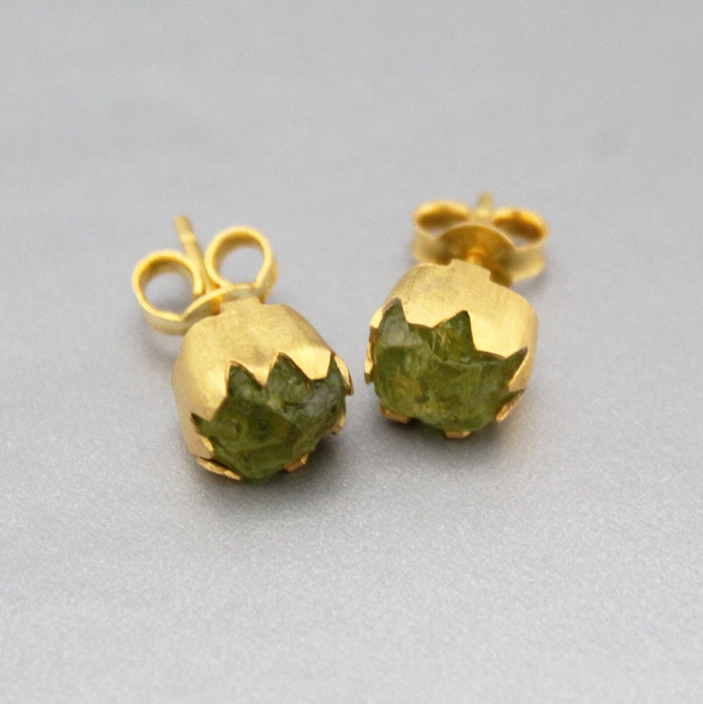 Raw Peridot Stud Earrings, Gold Plated Sterling Silver, August Birthstone, gemstone jewelry, natural gemstone, post earring, stud earrings