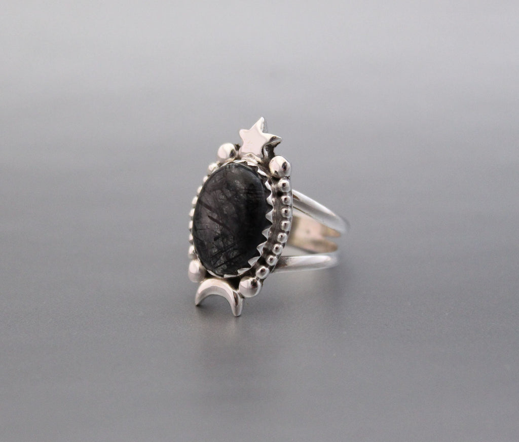 Sterling Silver Rutilated Quartz Ring, Handmade Vintage Jewelry, Nature Inspired Black Engagement Gothic Ring