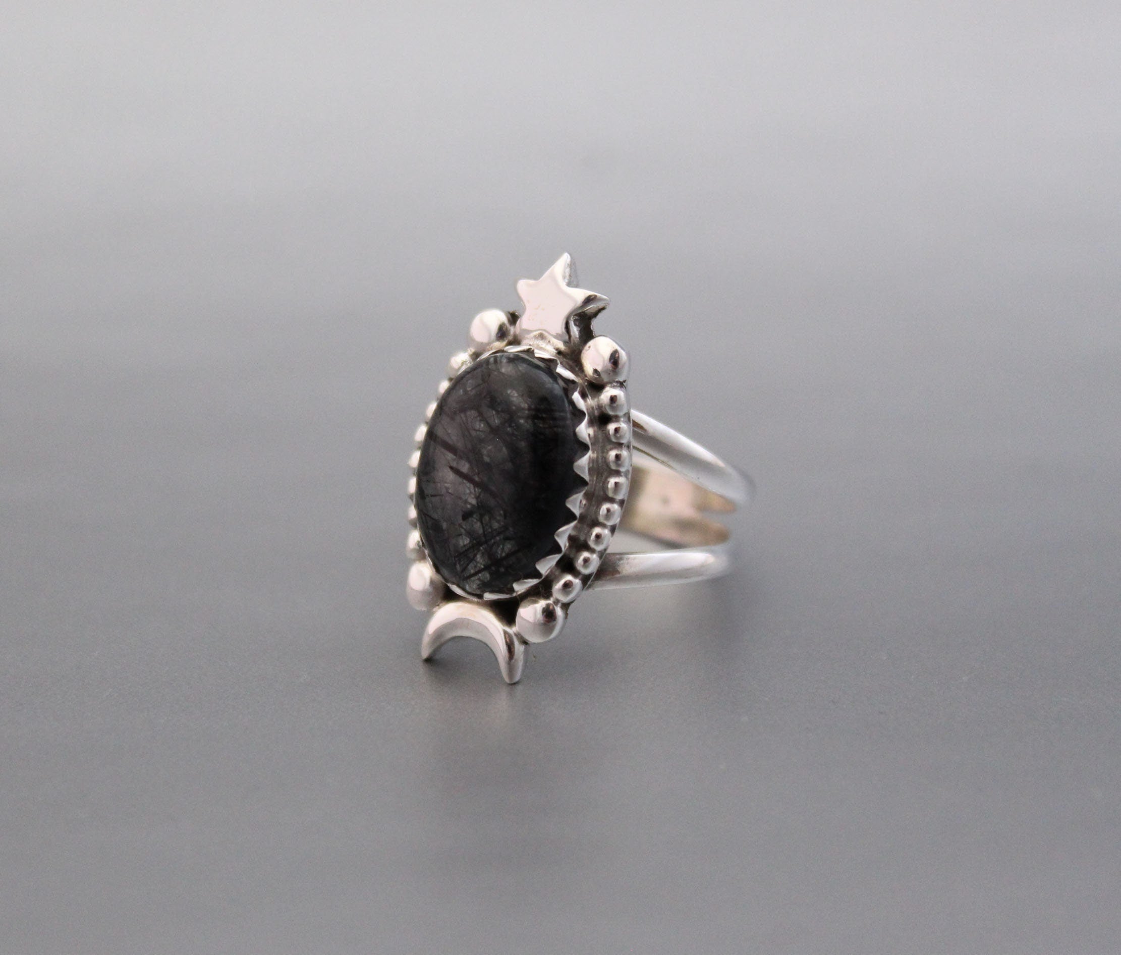 Sterling Silver Rutilated Quartz Ring, Handmade Vintage Jewelry, Nature Inspired Black Engagement Gothic Ring