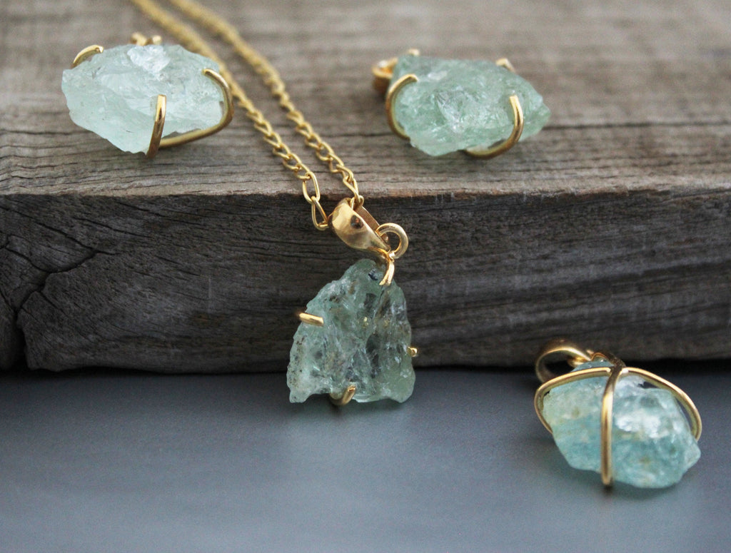 Raw Aquamarine Necklace: Dainty 925 Sterling Silver Pendant
