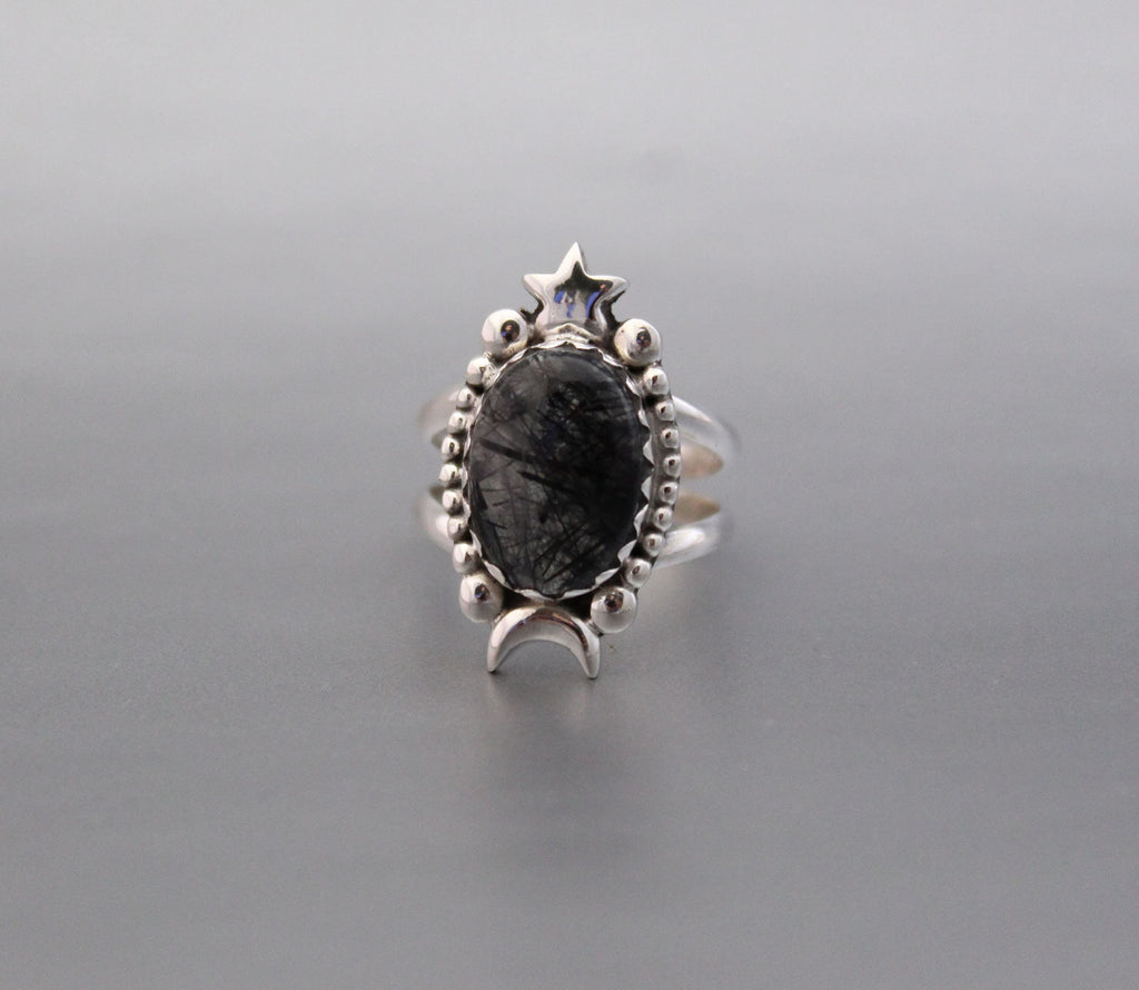 Sterling Silver Rutilated Quartz Ring, Handmade Vintage Jewelry, Nature Inspired Black Engagement Gothic Ring