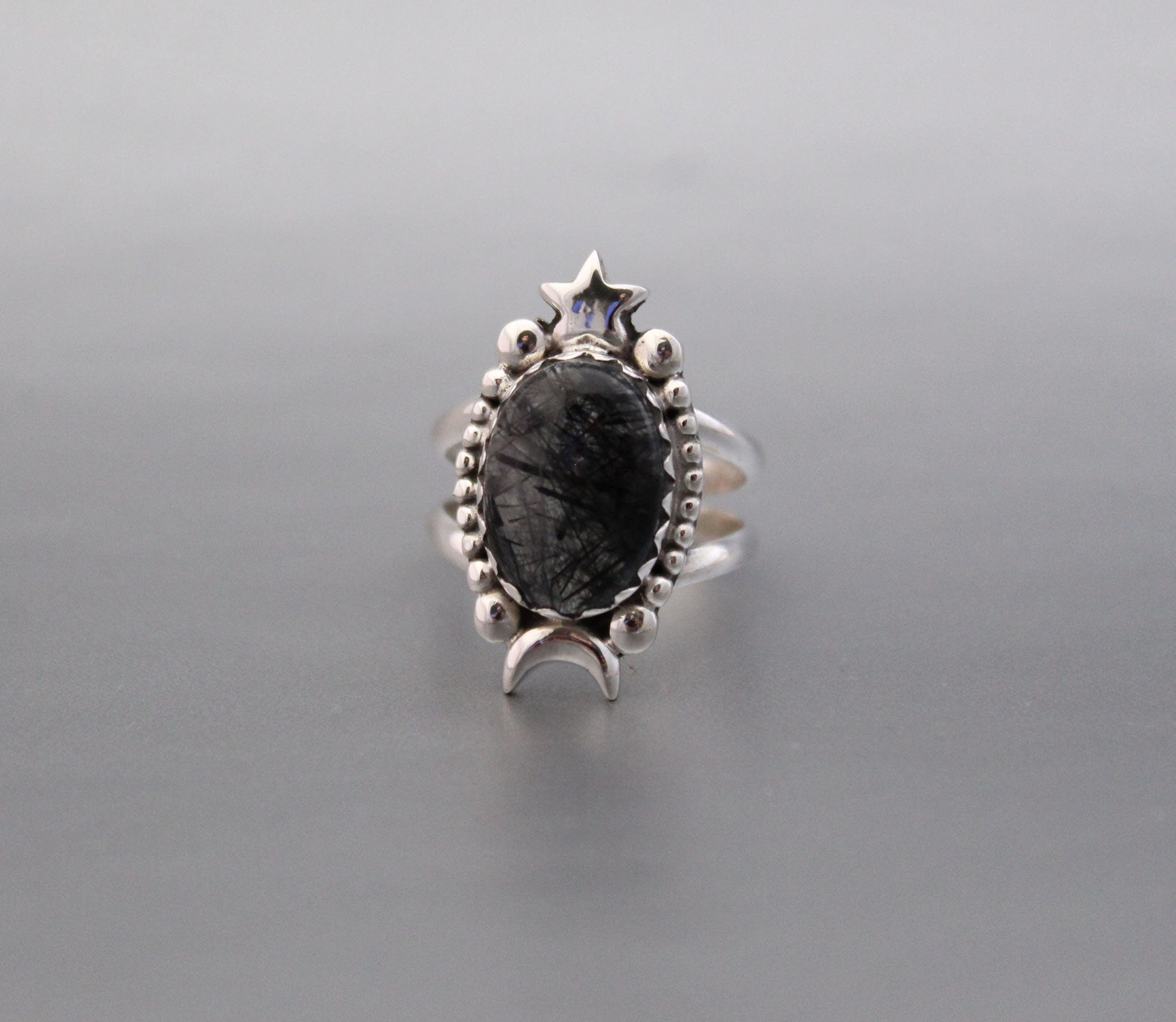 Sterling Silver Rutilated Quartz Ring, Handmade Vintage Jewelry, Nature Inspired Black Engagement Gothic Ring