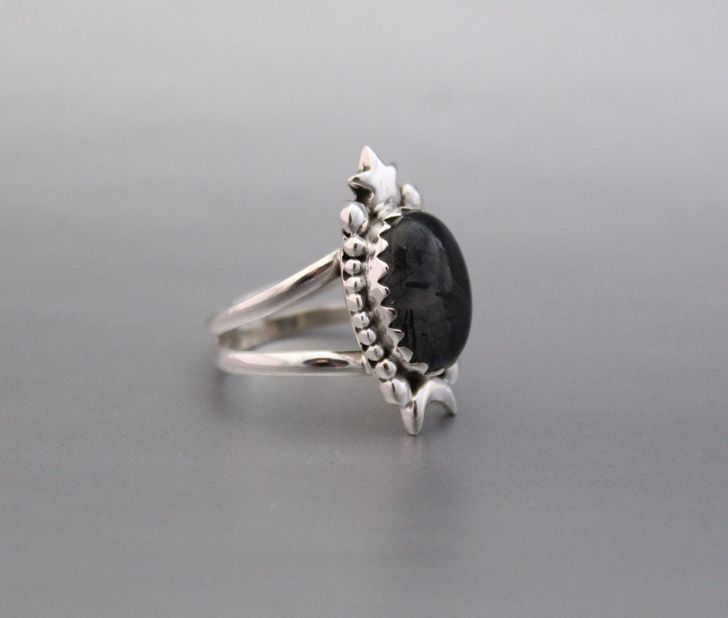 Sterling Silver Rutilated Quartz Ring, Handmade Vintage Jewelry, Nature Inspired Black Engagement Gothic Ring