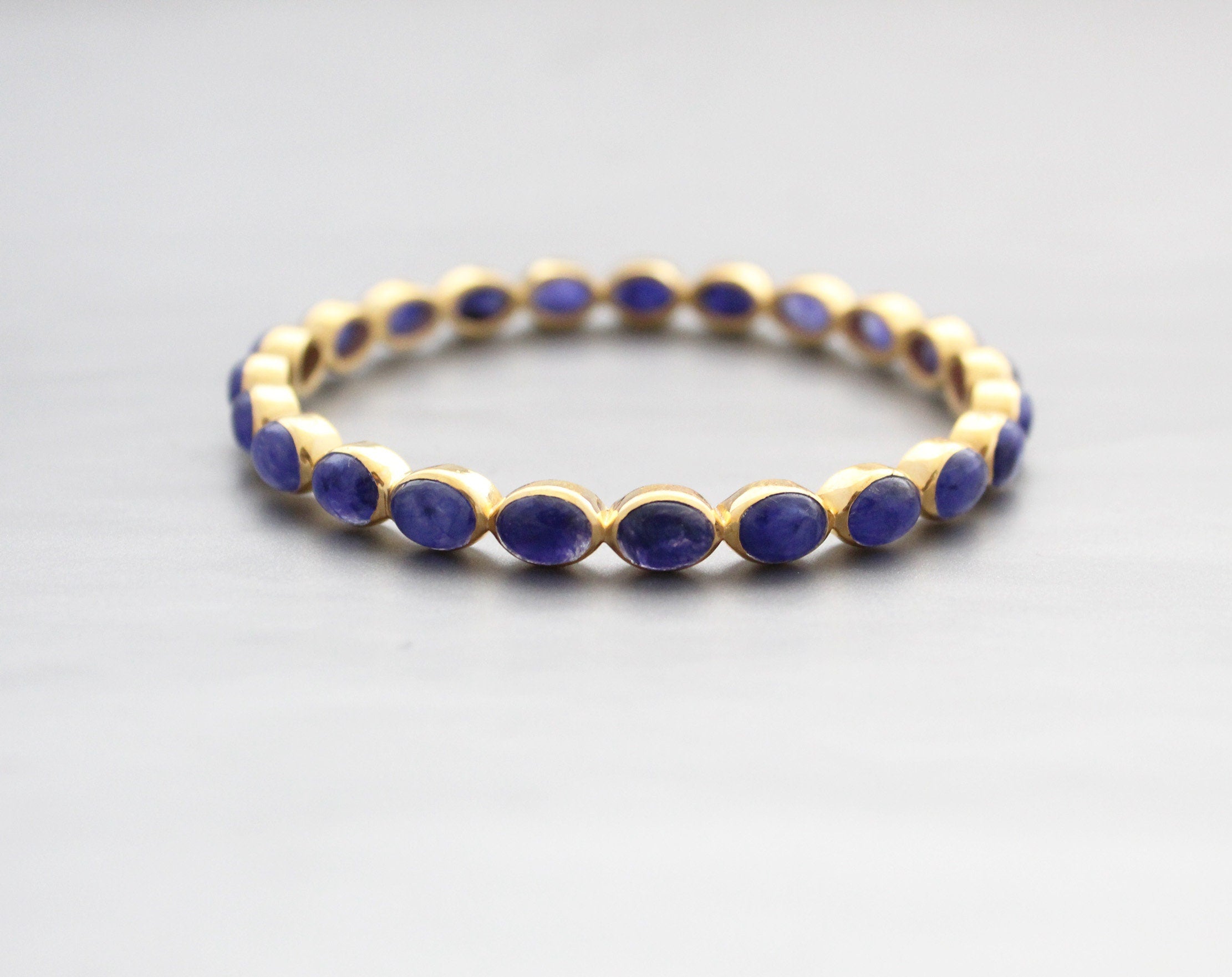 Blue Sapphire Bangle, Gold Plated, Minimalist Jewelry, September Birthstone, Anniversary Gift