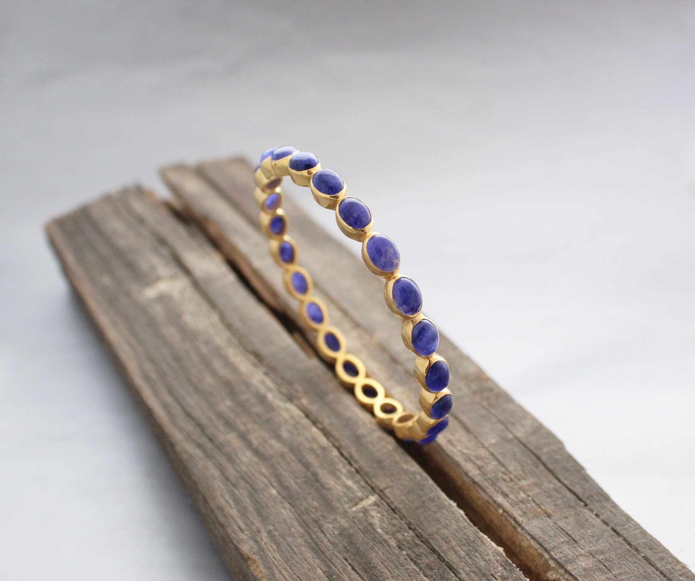 Blue Sapphire Bangle, Gold Plated, Minimalist Jewelry, September Birthstone, Anniversary Gift
