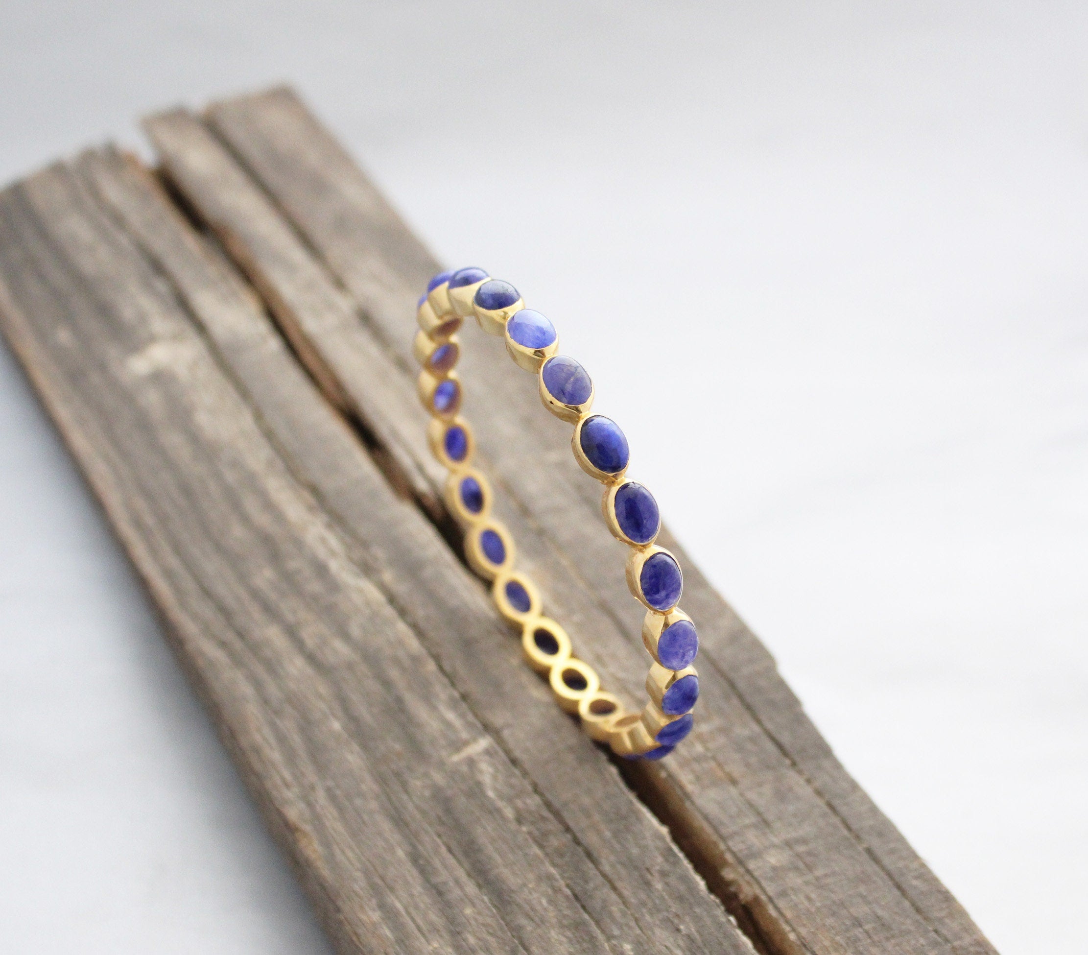 Blue Sapphire Bangle, Gold Plated, Minimalist Jewelry, September Birthstone, Anniversary Gift