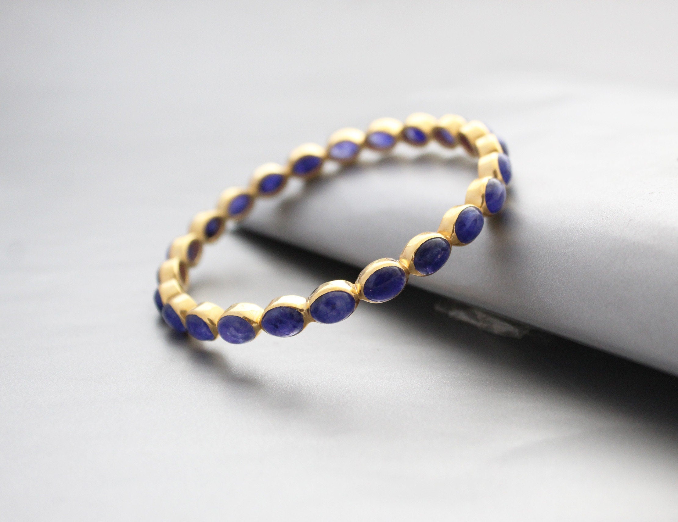 Blue Sapphire Bangle, Gold Plated, Minimalist Jewelry, September Birthstone, Anniversary Gift