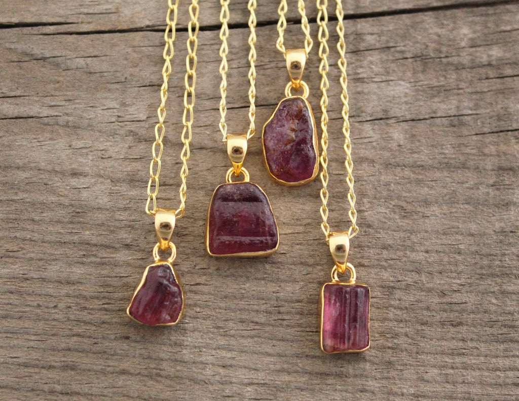 Raw Pink Tourmaline Necklace: Gold Plated Sterling Silver Pendant, October Birthstone, Silver, Gold Vermiel