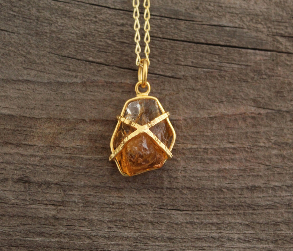 Citrine Necklace, Raw Stone Necklace, Handmade Crystal Healing Jewelry, Wire Wrapped Pendant, Boho Style Necklace, BirthStone Necklace