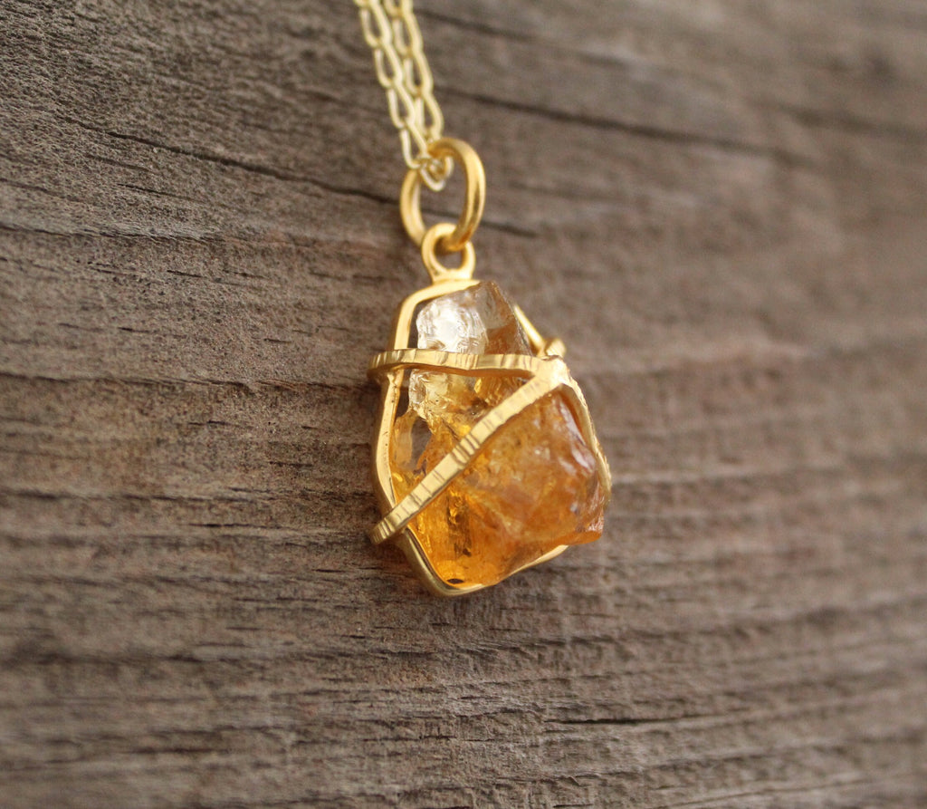 Citrine Necklace, Raw Stone Necklace, Handmade Crystal Healing Jewelry, Wire Wrapped Pendant, Boho Style Necklace, BirthStone Necklace