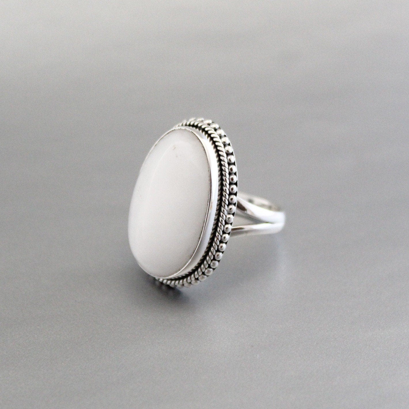 White Agate Sterling Silver Ring, Handmade Solitaire Statement, agatering