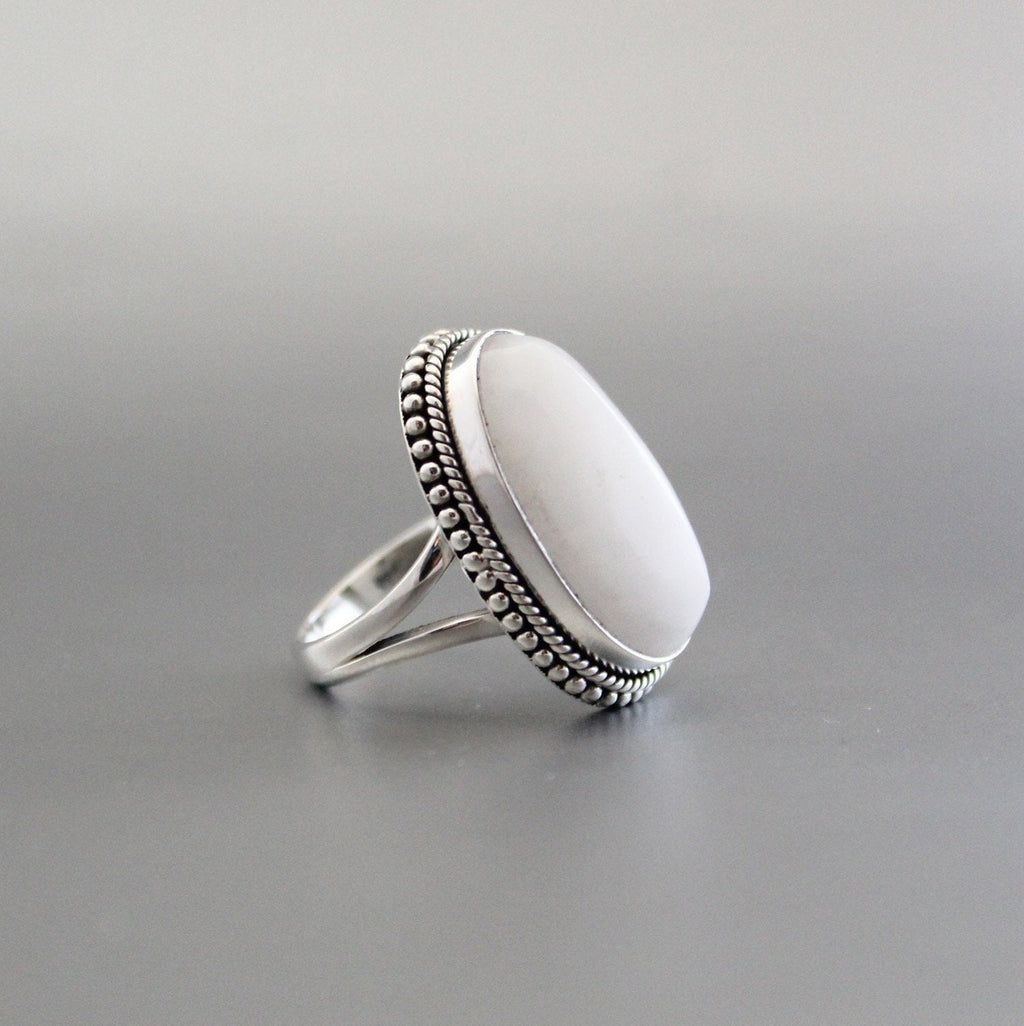 White Agate Sterling Silver Ring, Handmade Solitaire Statement, agatering
