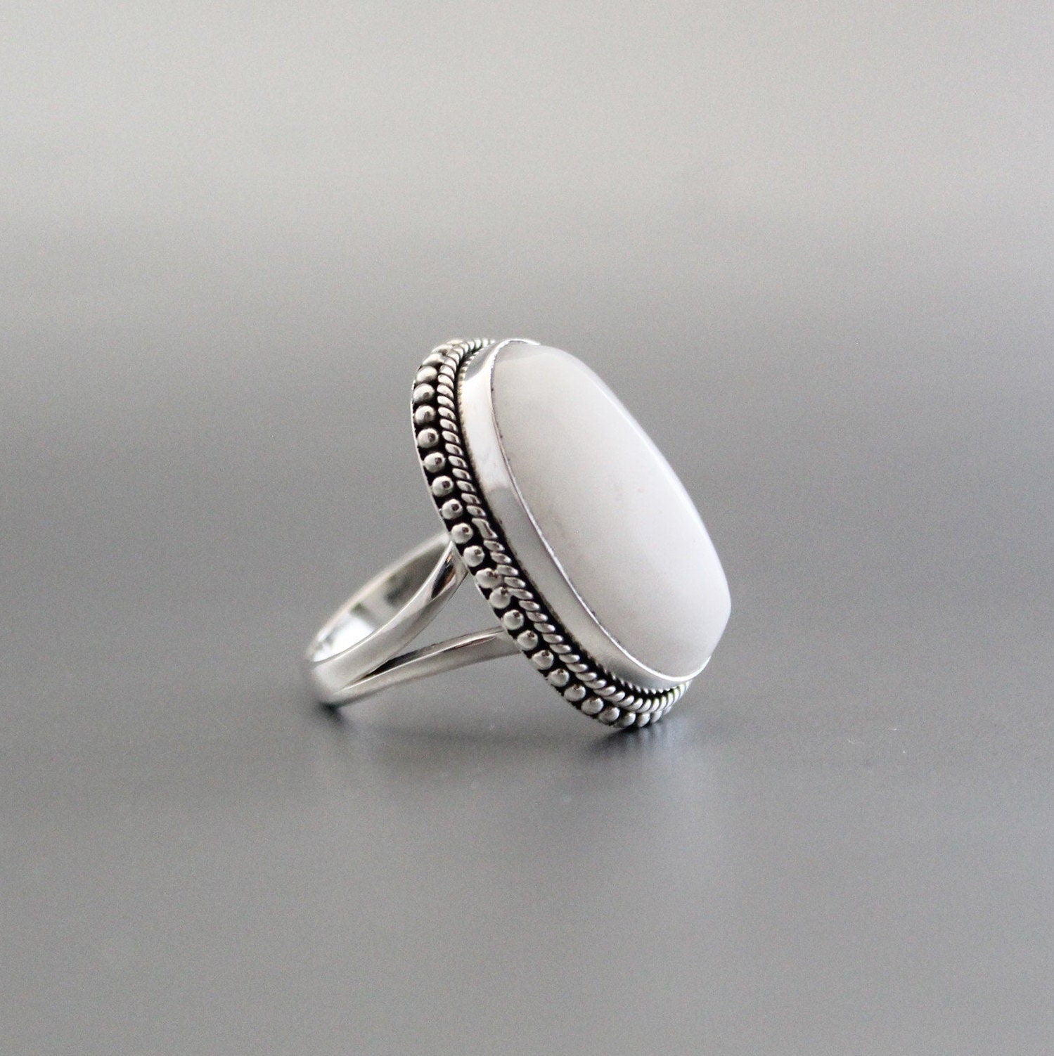 White Agate Sterling Silver Ring, Handmade Solitaire Statement, agatering
