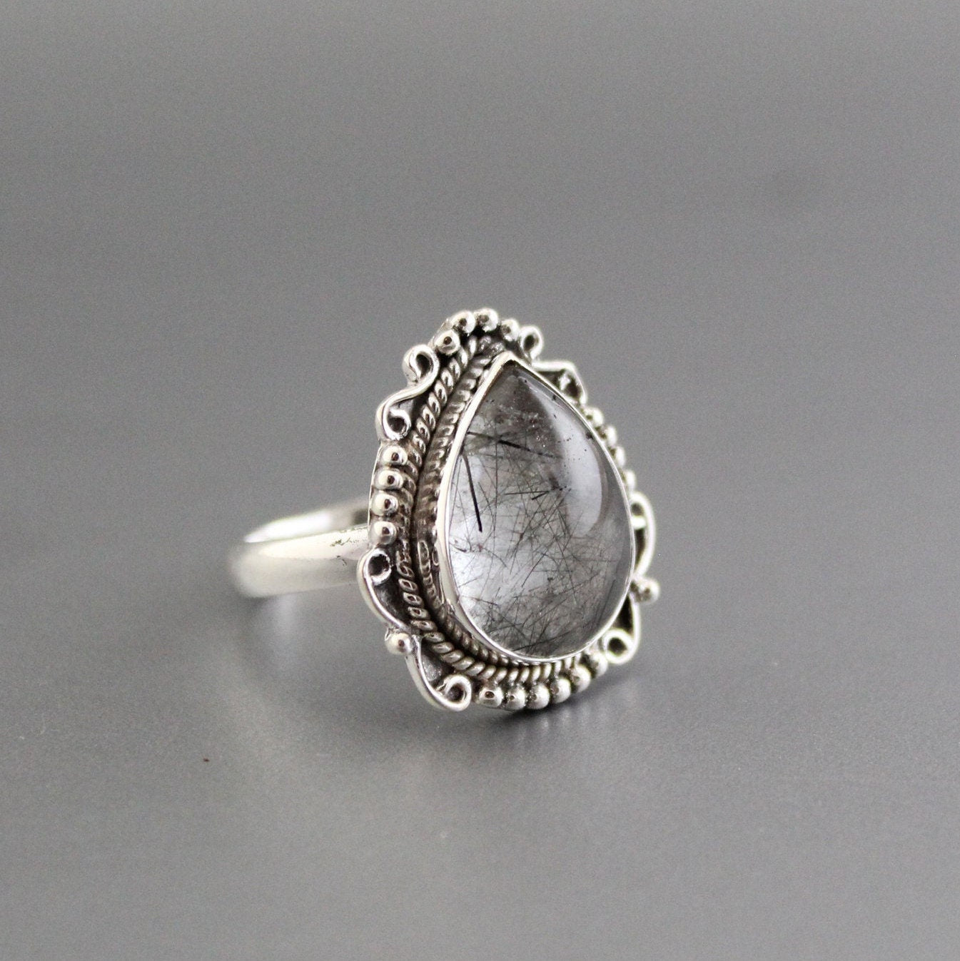 Sterling Silver Black Rutile Quartz Ring, Handmade Gemstone Jewelry, Tourmalated Black Rutile Quartz Ring 925 Sterling Silver Ring