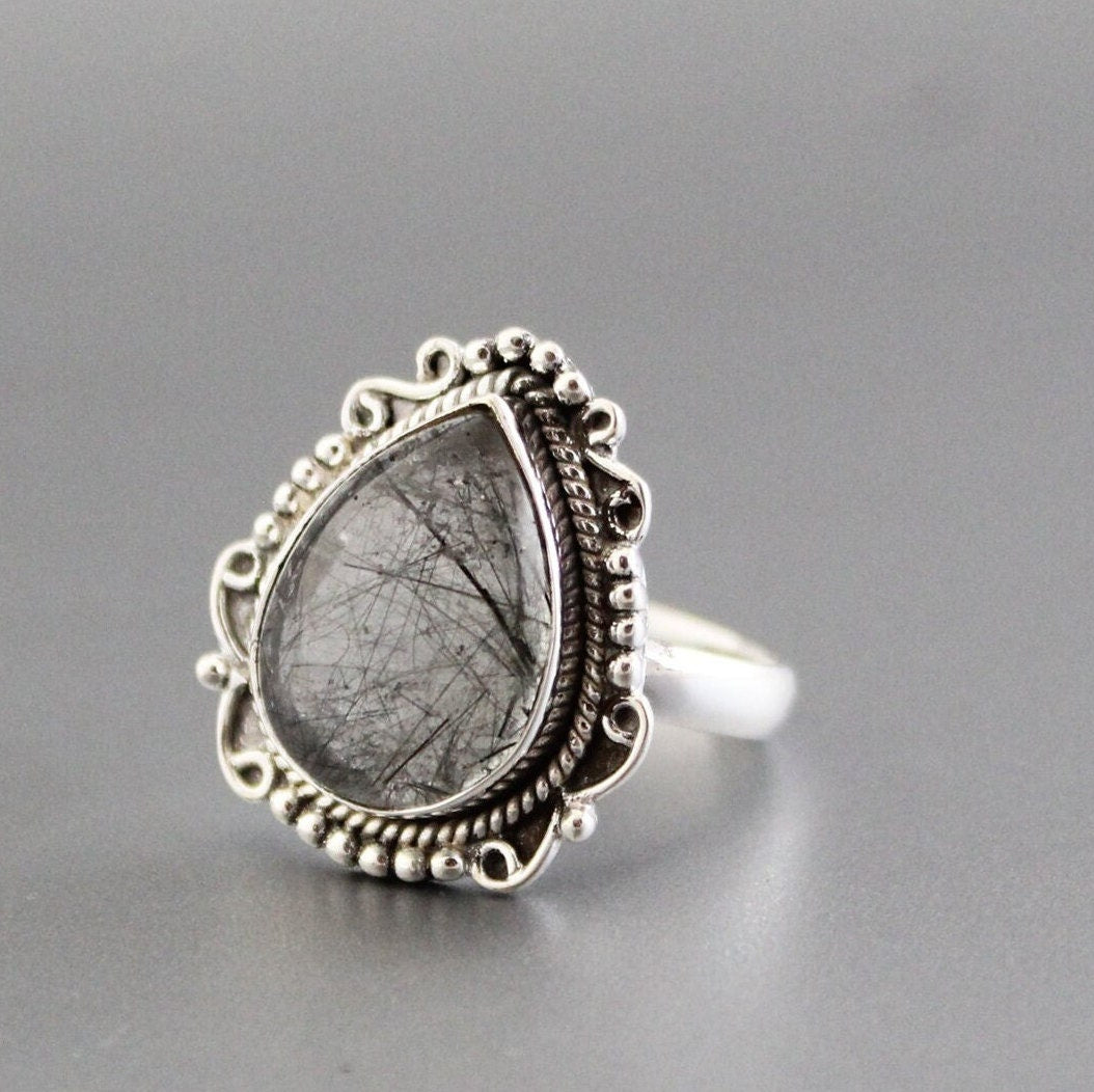 Sterling Silver Black Rutile Quartz Ring, Handmade Gemstone Jewelry, Tourmalated Black Rutile Quartz Ring 925 Sterling Silver Ring