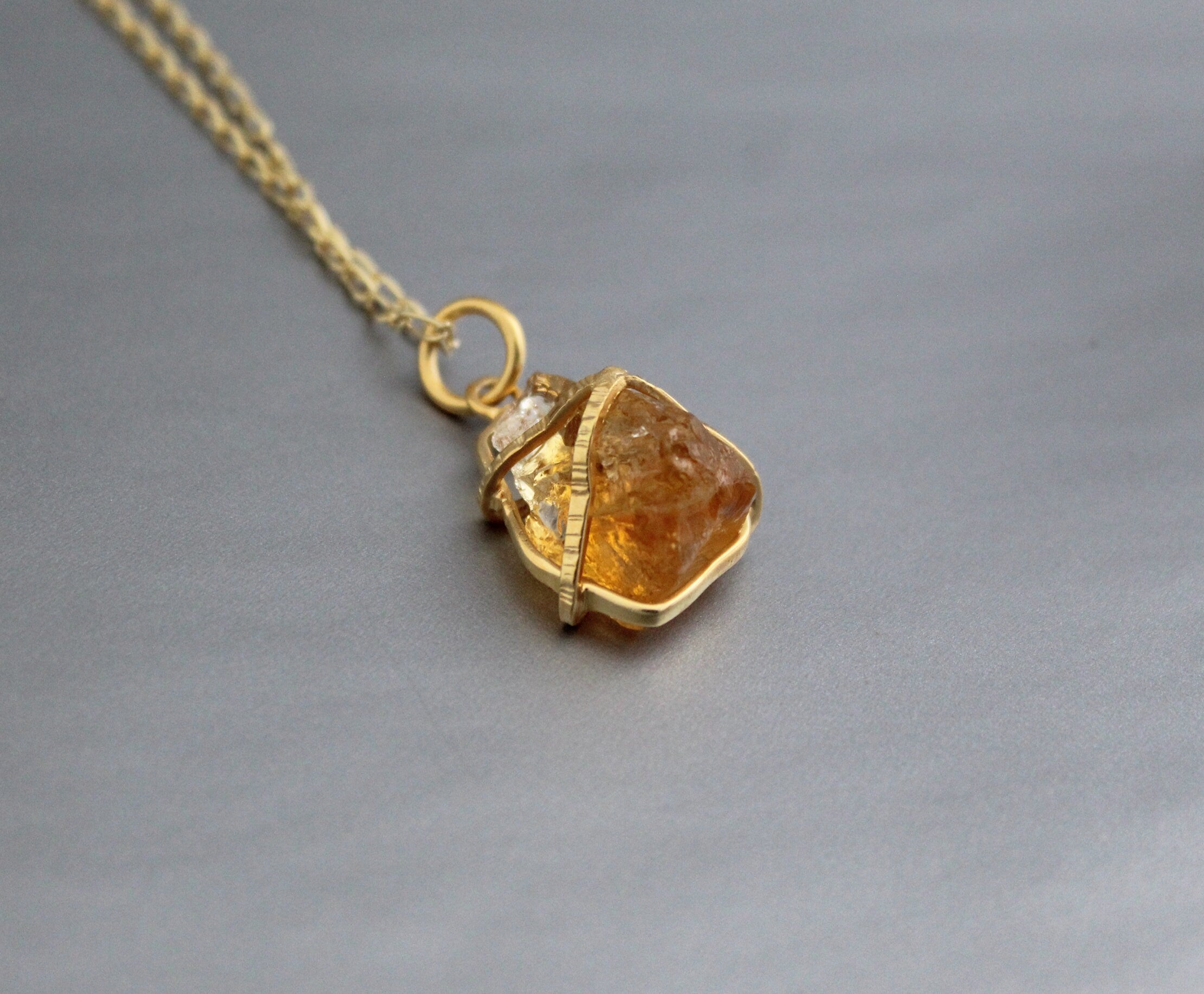 Citrine Necklace, Raw Stone Necklace, Handmade Crystal Healing Jewelry, Wire Wrapped Pendant, Boho Style Necklace, BirthStone Necklace