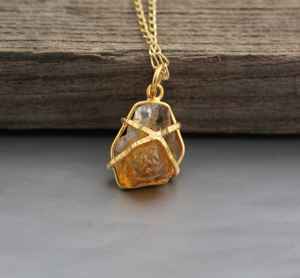 Citrine Necklace, Raw Stone Necklace, Handmade Crystal Healing Jewelry, Wire Wrapped Pendant, Boho Style Necklace, BirthStone Necklace